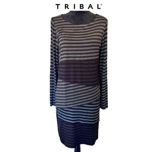 TRIBAL Striped Asymmetrical Column Dress Black Gray Brown Stretch Lined Sz L